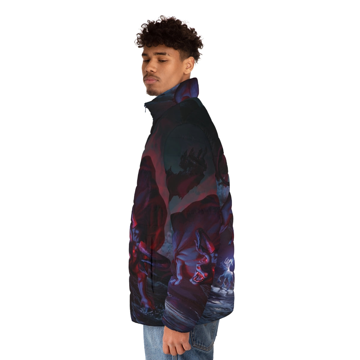 The Last Unicorn Fantasy Puffer Jacket with Mythical Unicorn Design - men side left