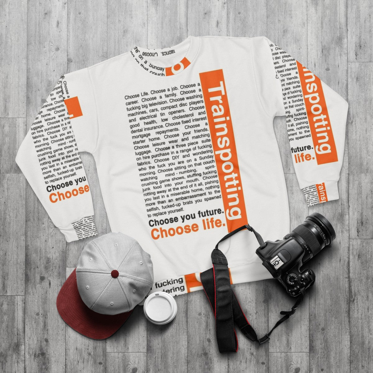 "Trainspotting 'Choose Life' Inspirational Sweatshirt" - flat lay