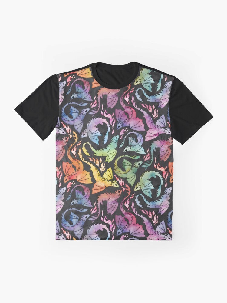 Dark rainbow dragon fire graphic t-shirt with a mythical, watercolor design - Flat lay