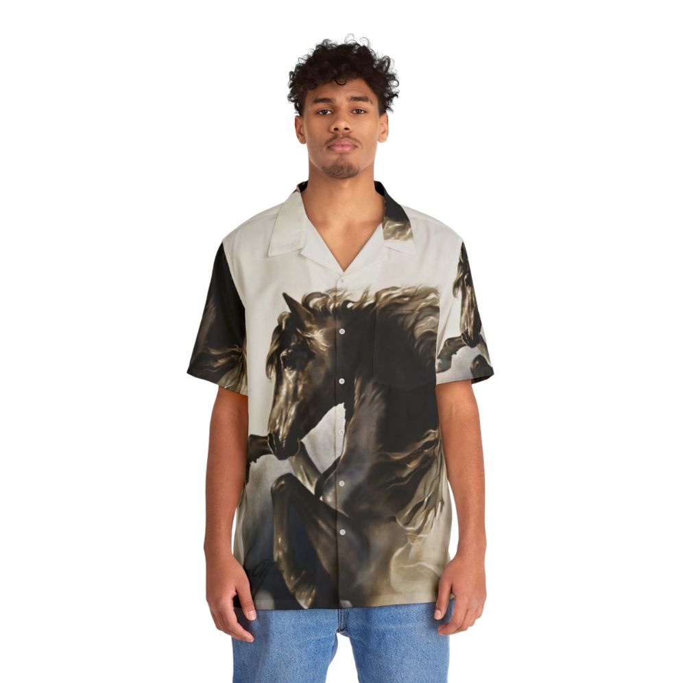 Black Fury Hawaiian Shirt with Majestic Black Stallion Print - People Front