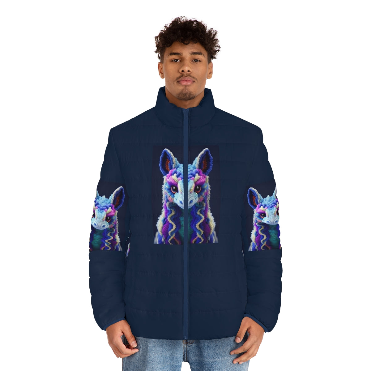 Mythical creature puffer jacket with vibrant, artistic fantasy design - men front