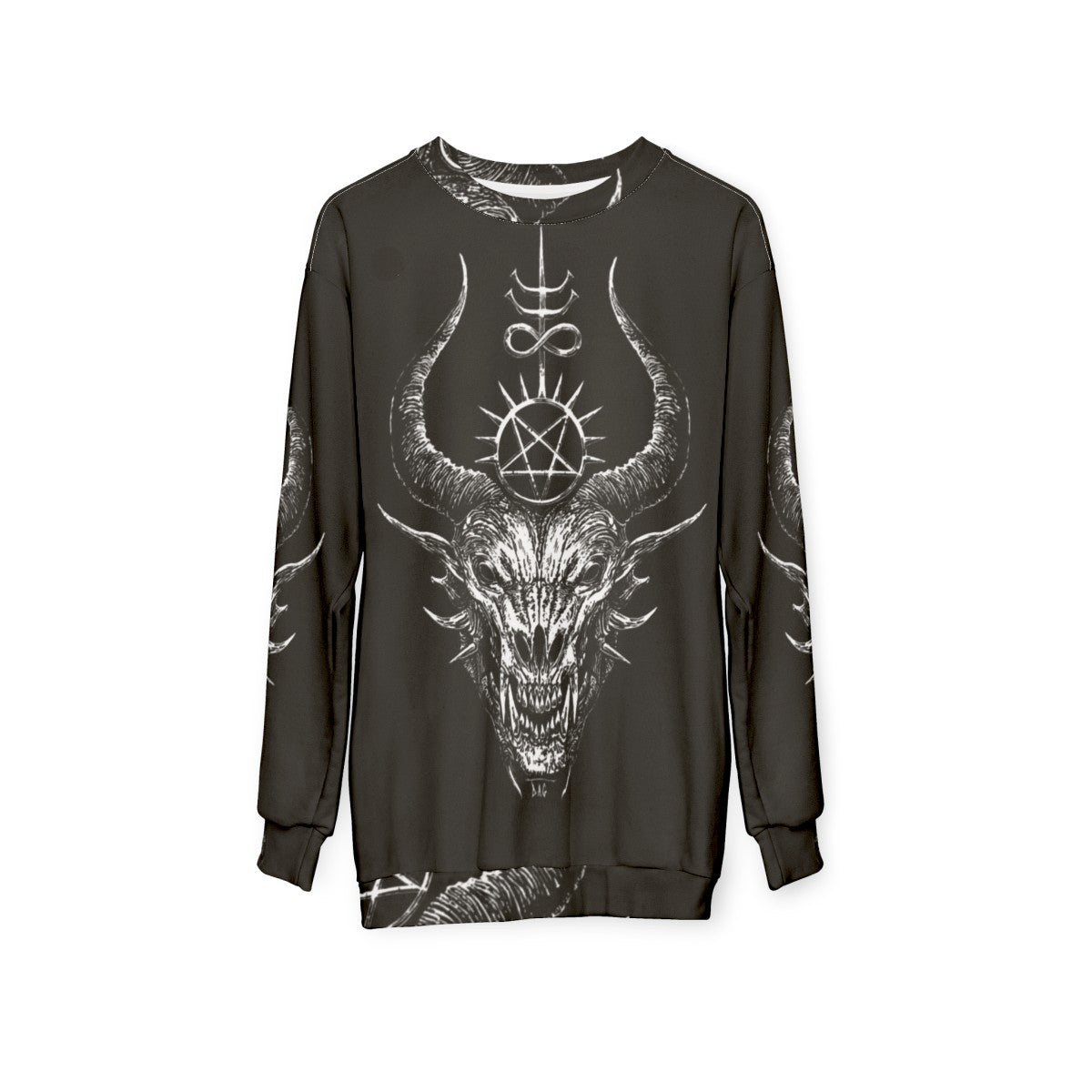 Satanic demon sweatshirt with dark gothic design - hanging