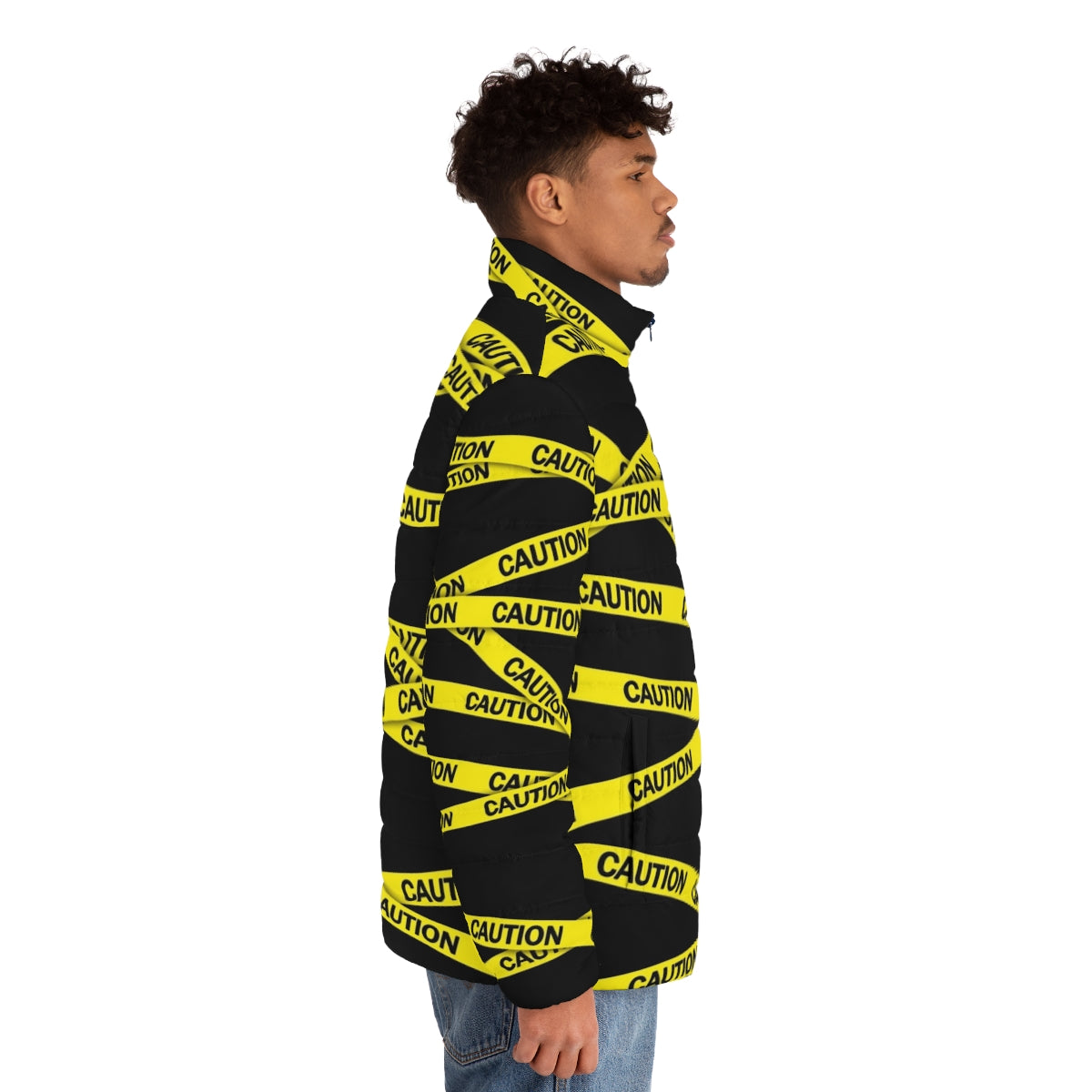 Caution tape puffer jacket with bold, high-visibility design - men side right