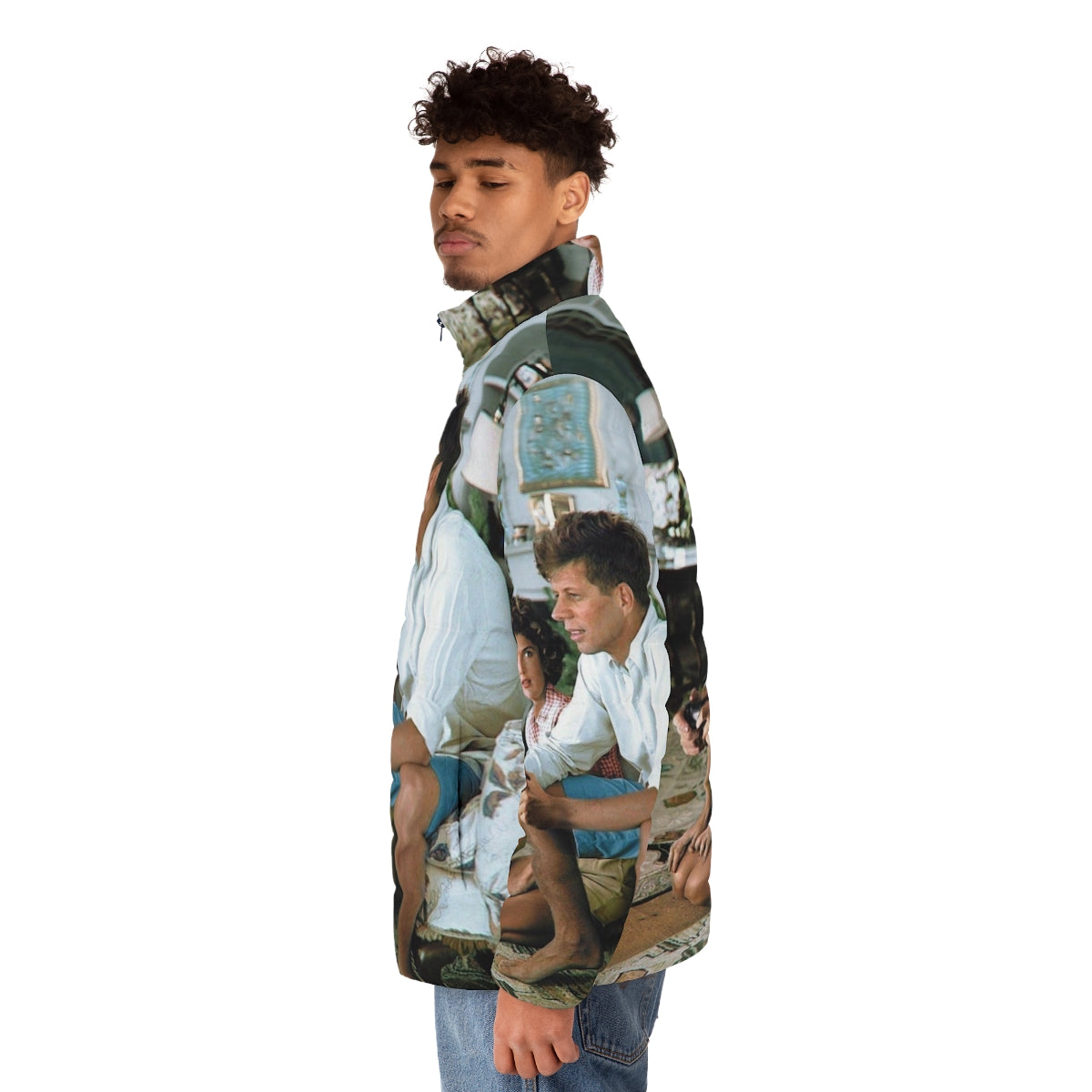 Vintage puffer jacket featuring an image of John F. Kennedy playing a video game console - men side left