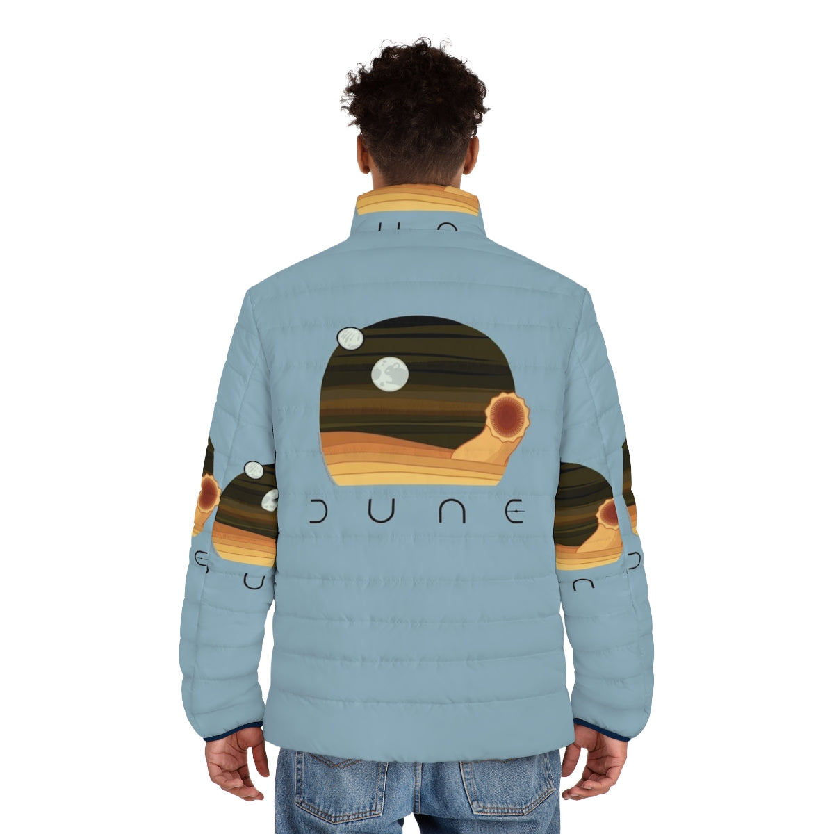 Dune-inspired puffer jacket with desert and sandworm design - men back