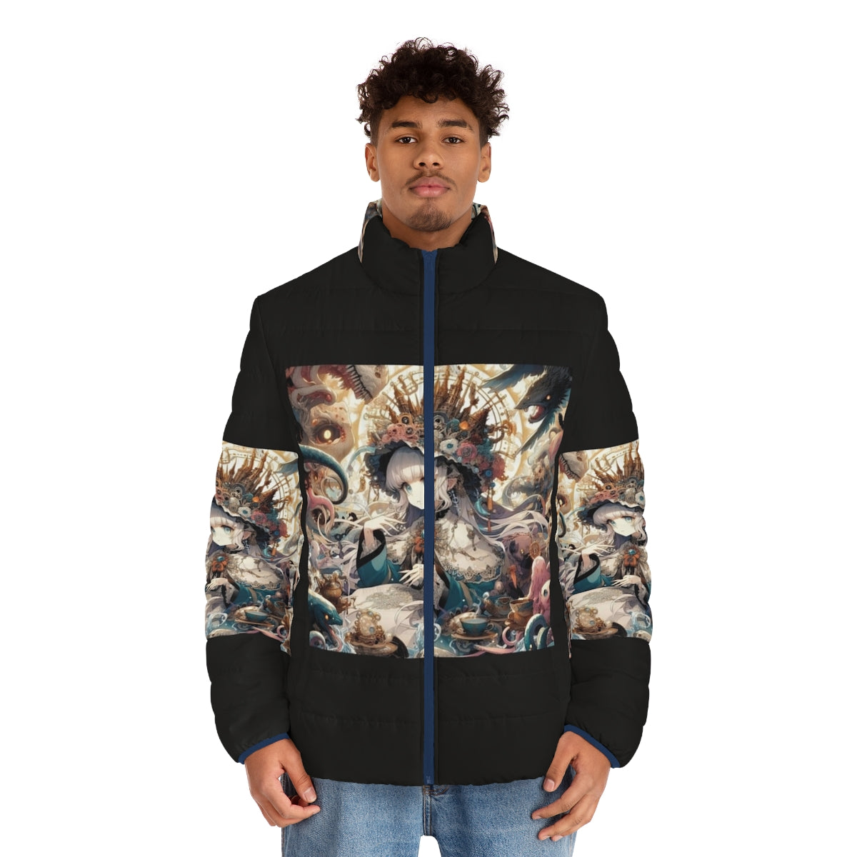 Anime-inspired puffer jacket with a kawaii design featuring a beautiful anime girl - men front