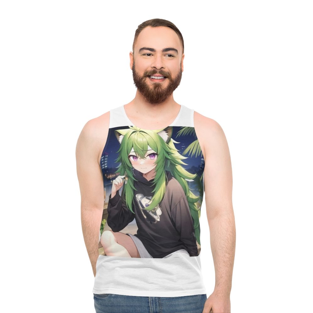 Kawaii anime boy wearing unisex tank top with raccoon hybrid design - men