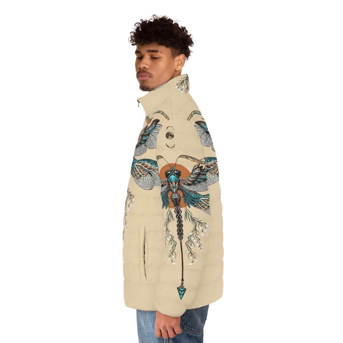 Dragonfly tattoo puffer jacket for men, featuring a mythical dragon design - men side left