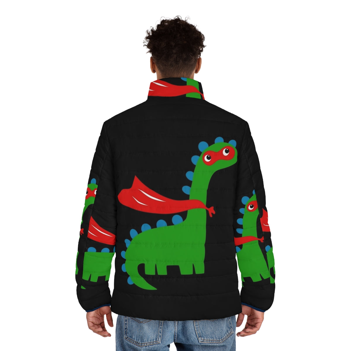 Kid wearing a colorful dinosaur superhero puffer jacket - men back