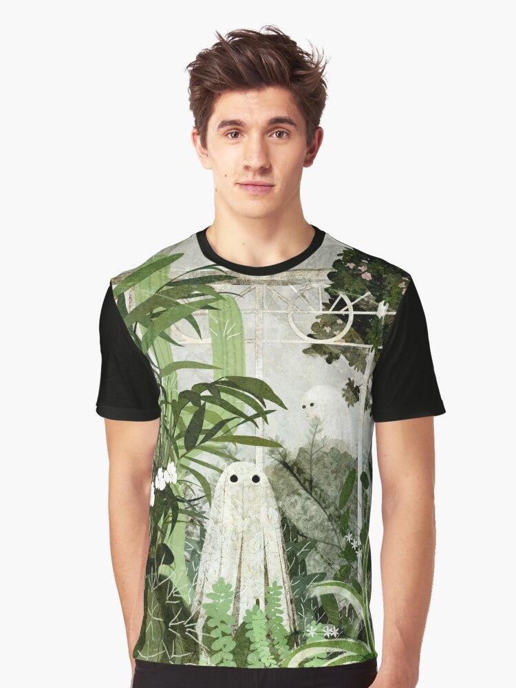 Vintage-style graphic t-shirt with a ghost in a greenhouse surrounded by nature and plants - Men