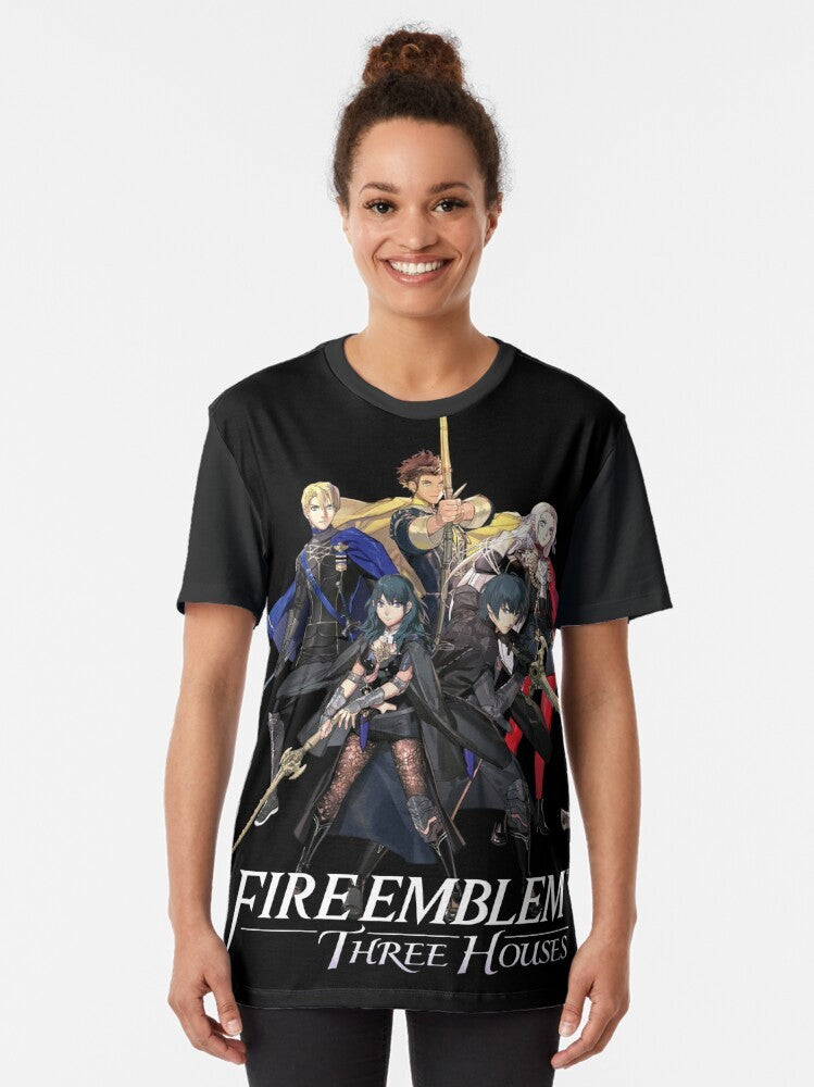 Graphic t-shirt featuring the House Leaders (Dimitri, Edelgard, Claude) and Byleth from the video game Fire Emblem: Three Houses - Women