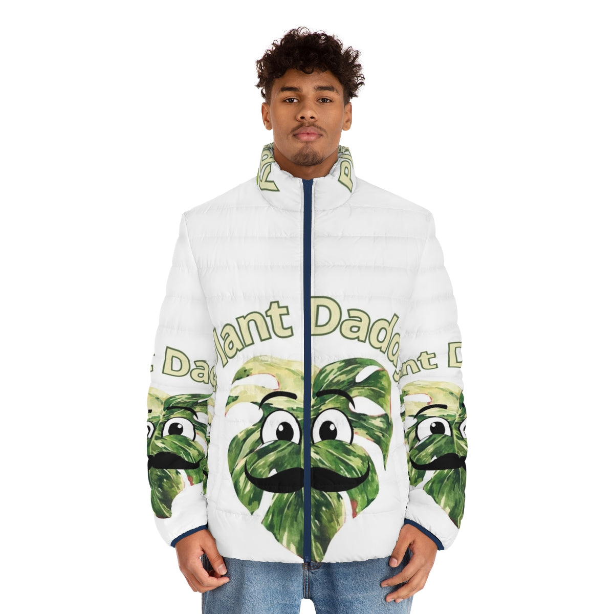 Person wearing a puffer jacket with a monstera deliciosa plant - men front