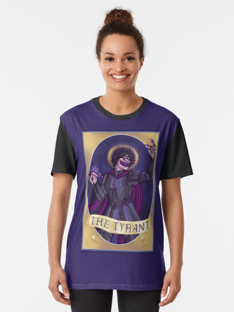 Haunted Tyrant graphic t-shirt featuring a fantasy demon design - Women