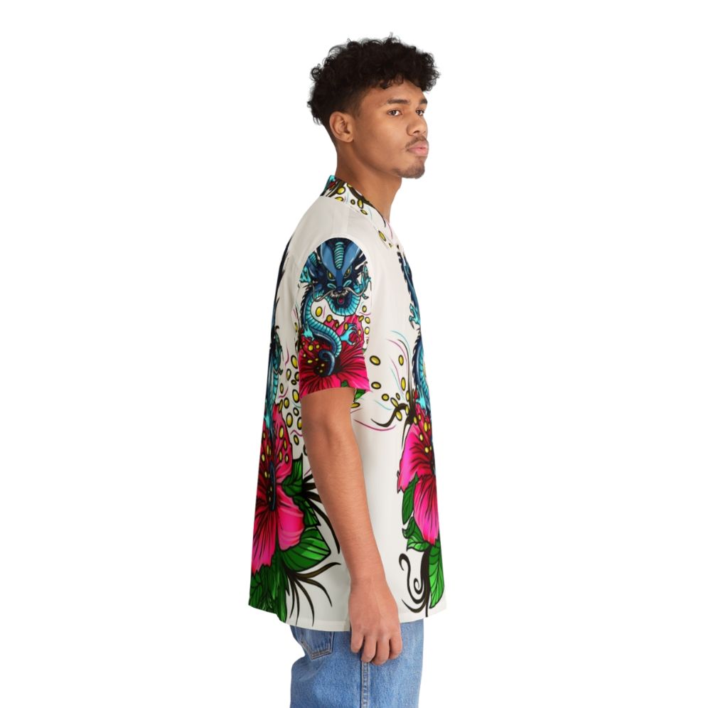 Vibrant dragon and hibiscus design on a Hawaiian shirt - People Pight