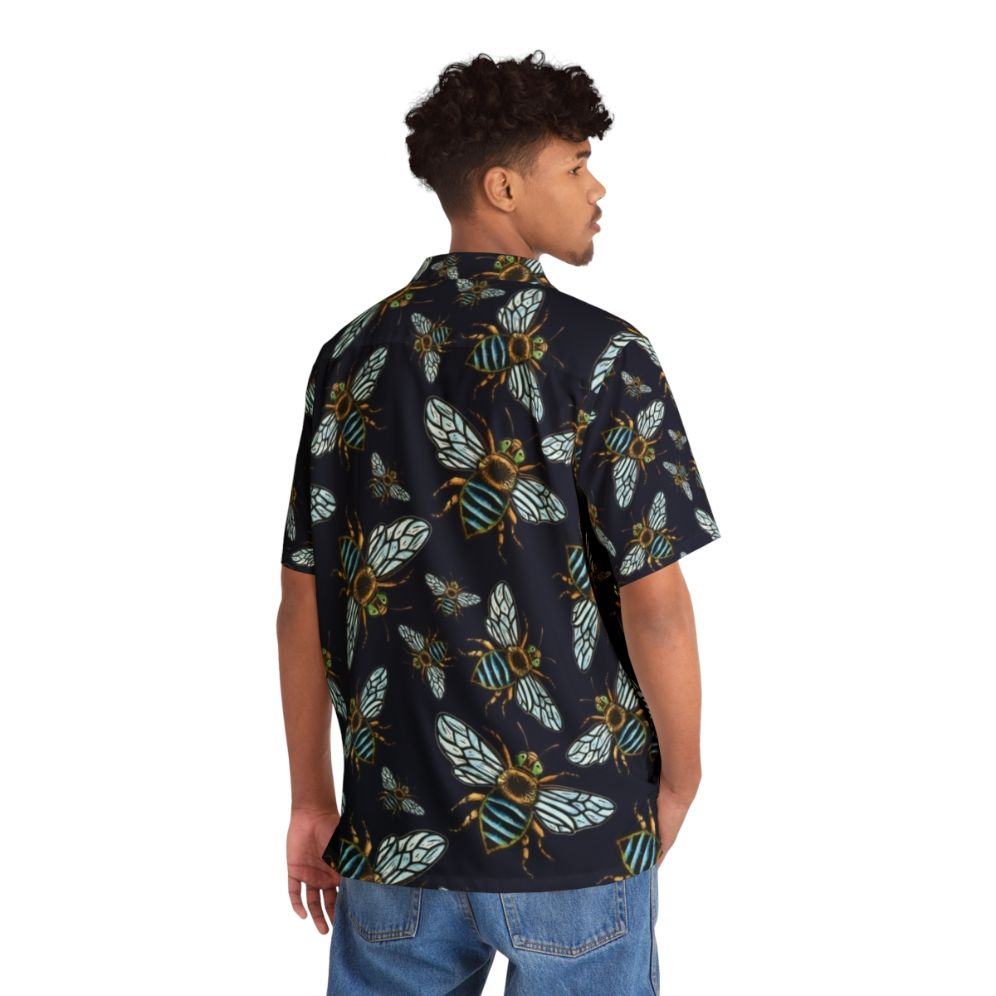 Blue banded bee Hawaiian shirt with lino print design - People Back