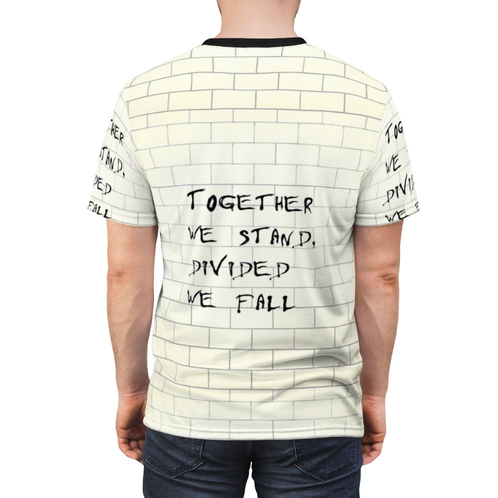 Iconic Pink Floyd inspired t-shirt featuring the famous "Together We Stand, Divided We Fall" message - men back