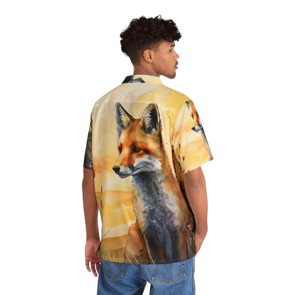 Colorful watercolor illustration of a red fox cub amidst spring flowers on a Hawaiian shirt - People Back