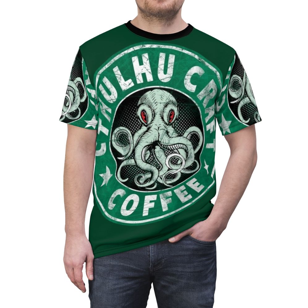 Cthulhu-inspired graphic t-shirt featuring an octopus-like monster and coffee cup design - men front