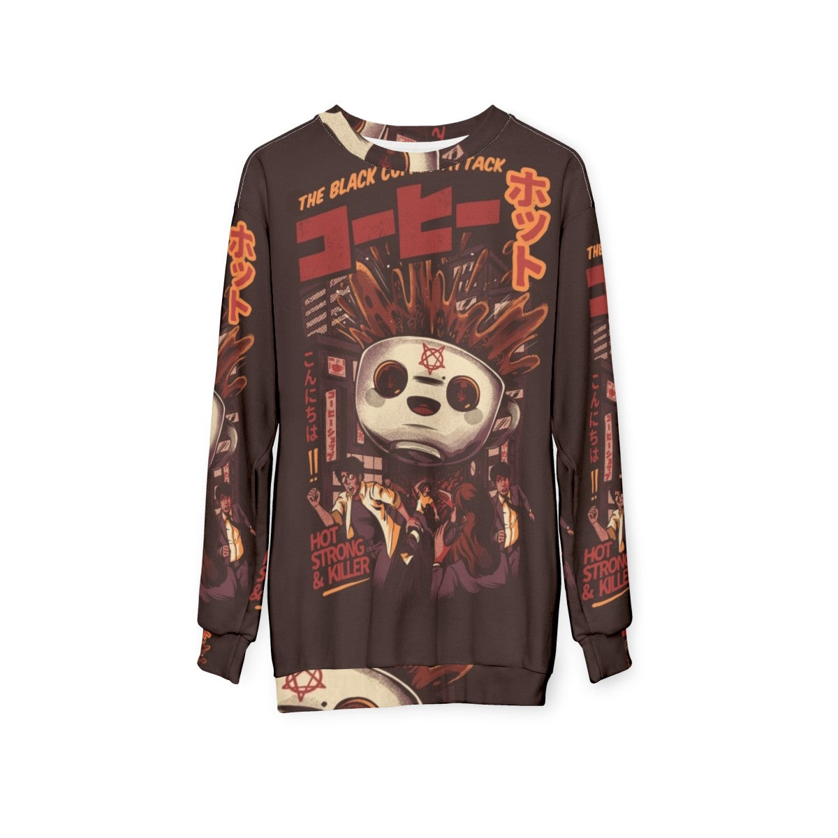 Black magic coffee sweatshirt with Japanese-style graphic design - hanging