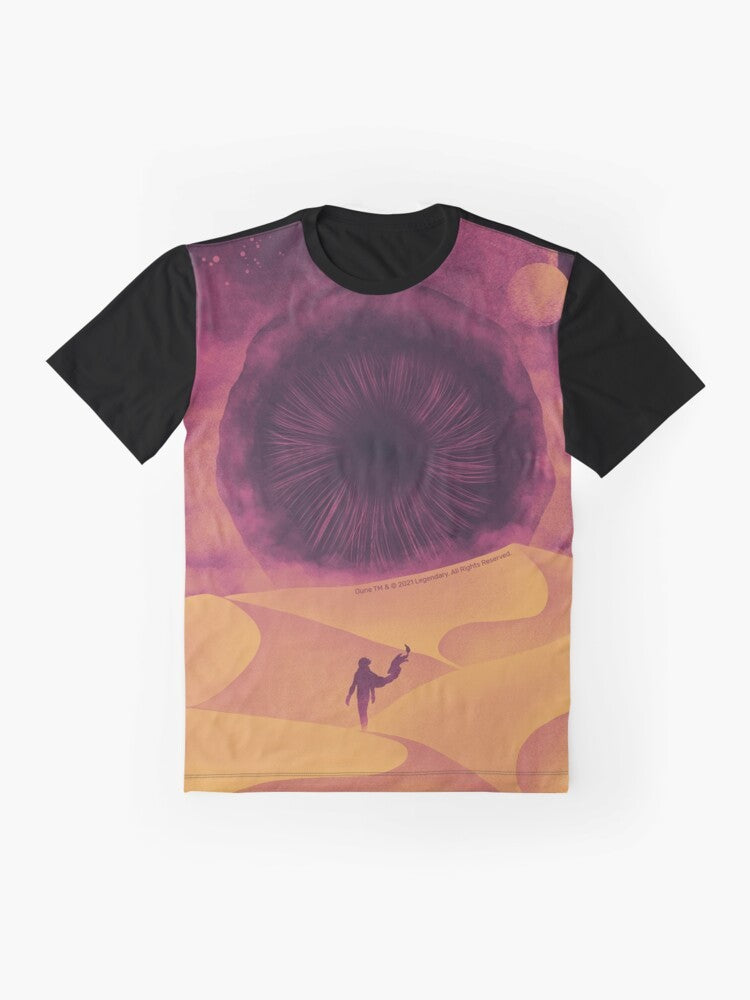 Dune movie inspired graphic t-shirt featuring the Great Shai-Hulud, the giant sandworm from the Dune universe - Flat lay