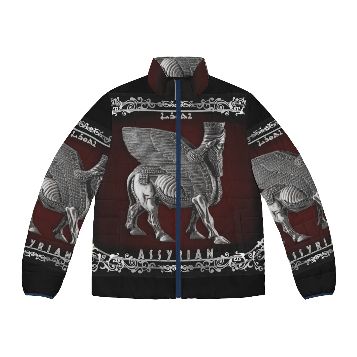 Silver puffer jacket featuring the Lamassu, an Assyrian mythological creature