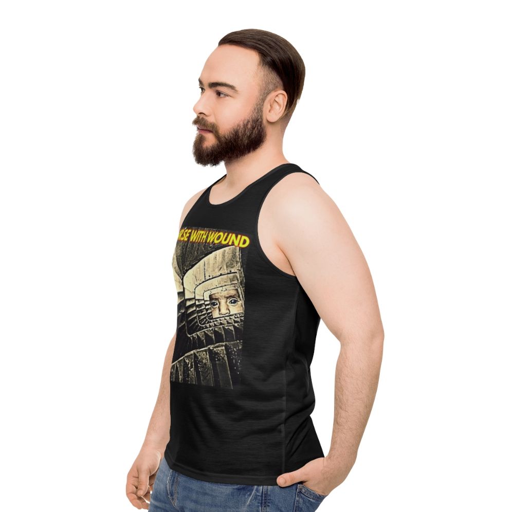 Unisex tank top featuring industrial and experimental music artwork - men side