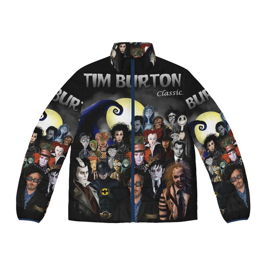 Tim Burton inspired gothic puffer jacket with horror movie imagery