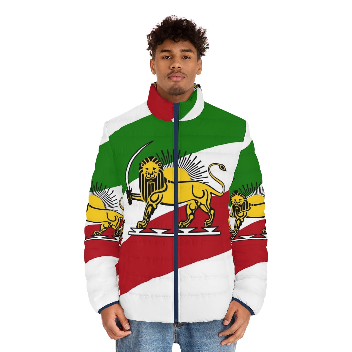 Puffer jacket with the Iran Pahlavi flag design featuring a lion and crown - men front