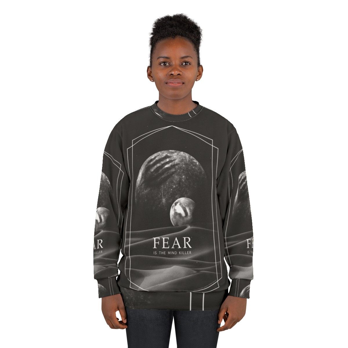 Dune sci-fi movie inspired sweatshirt with "Fear is the Mind Killer" quote - women