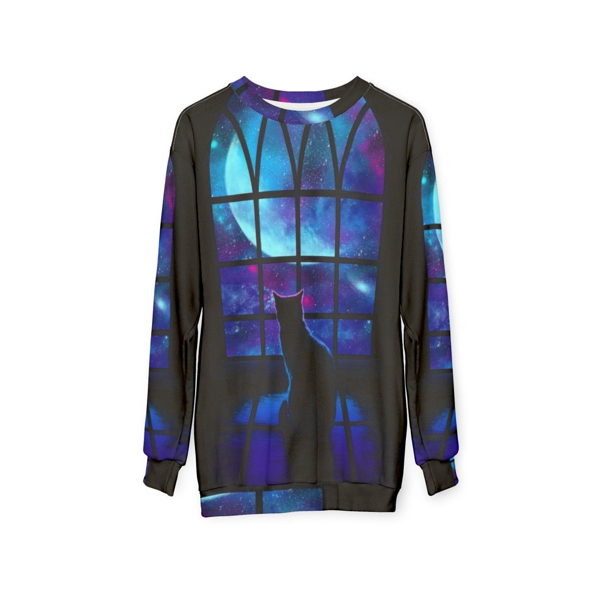 A stylish space-themed sweatshirt with a cute cat design - hanging