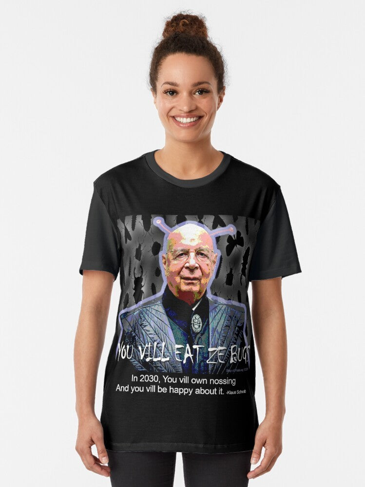 "You Will Eat the Bugs" graphic t-shirt design featuring Orwellian and new world order themes - Women