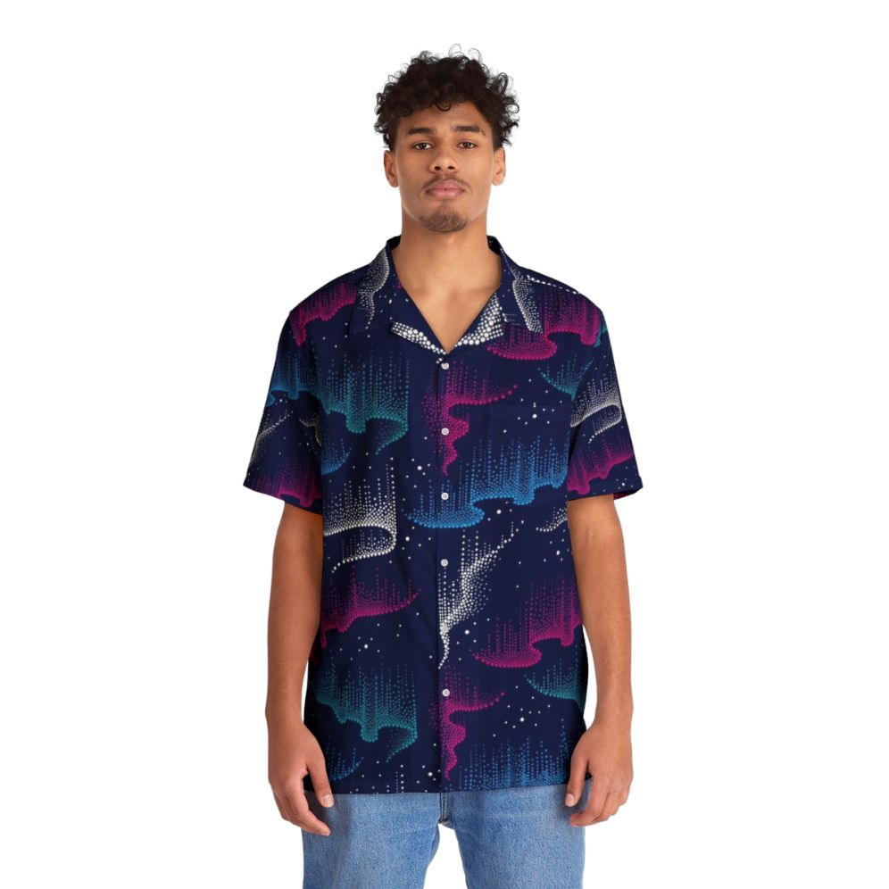 Dotwork Aurora Borealis Hawaiian Shirt with Mesmerizing Northern Lights Pattern - People Front