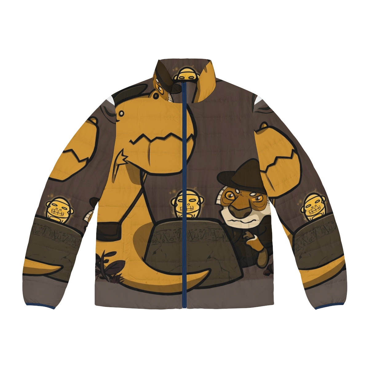 Tense Situation Puffer Jacket featuring dinosaur and tiger designs for outdoor adventures