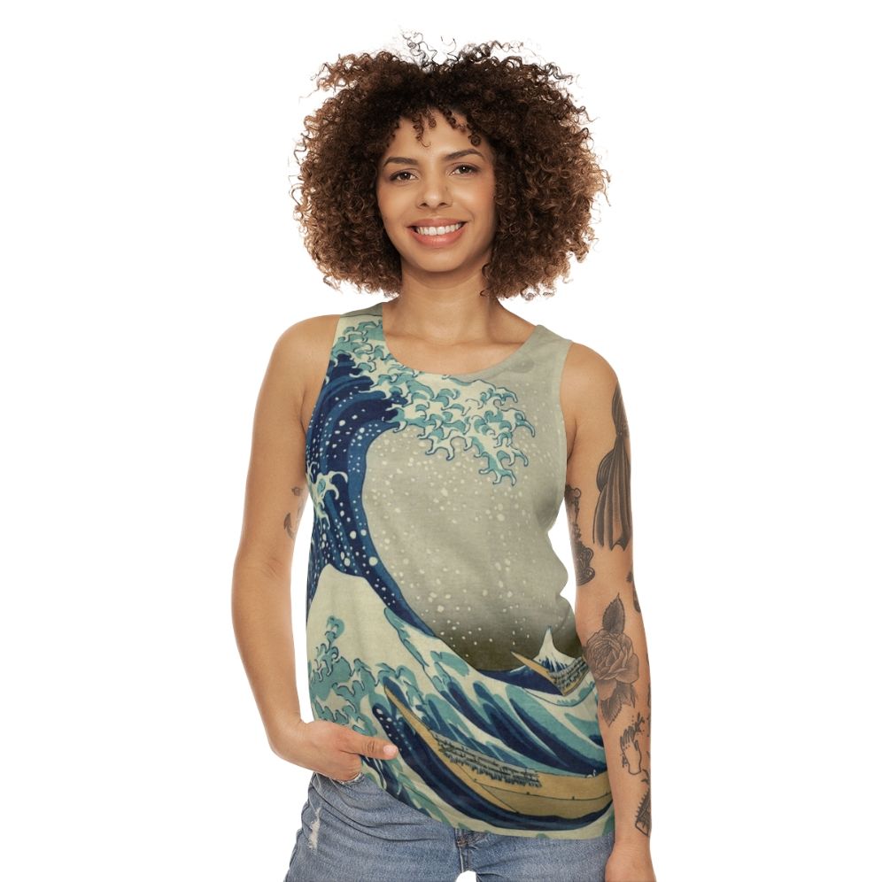 Unisex tank top featuring Hokusai's iconic Kanagawa Wave design - women