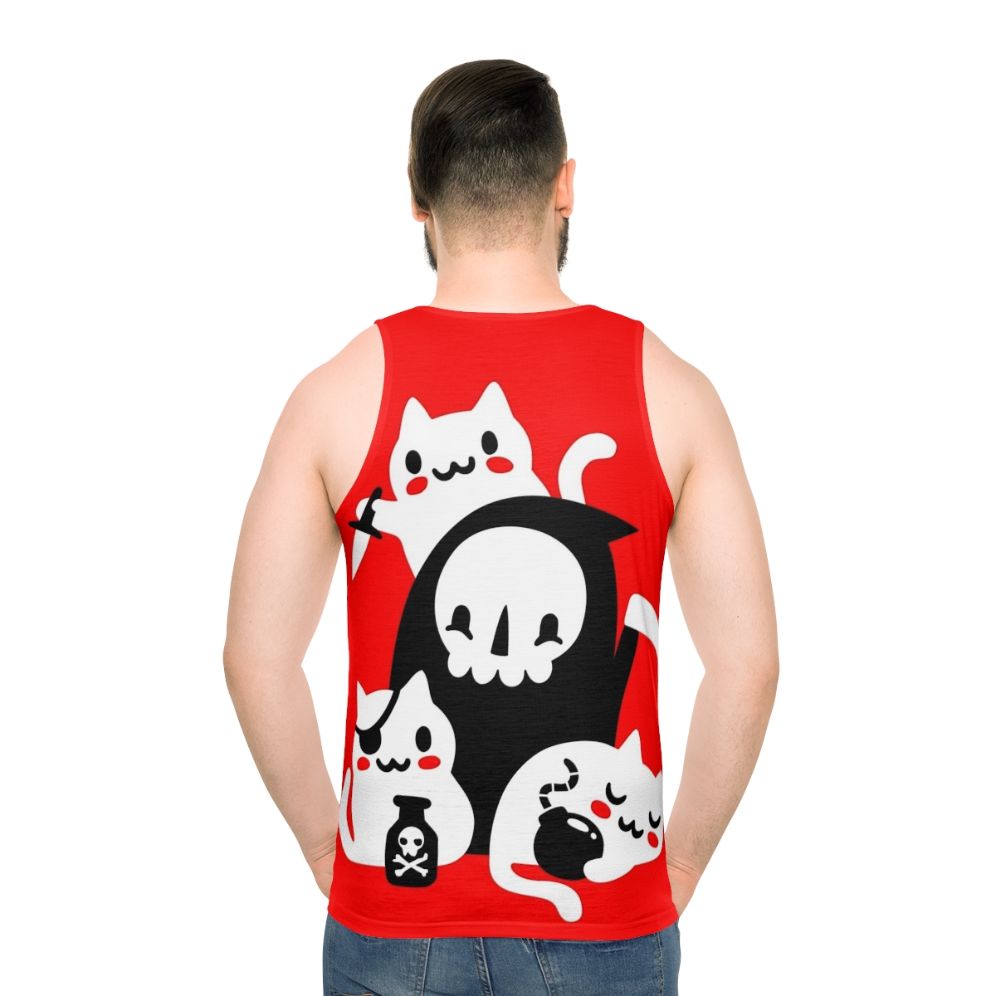 Unisex tank top with a graphic design featuring cats, skulls, and the Grim Reaper - men back