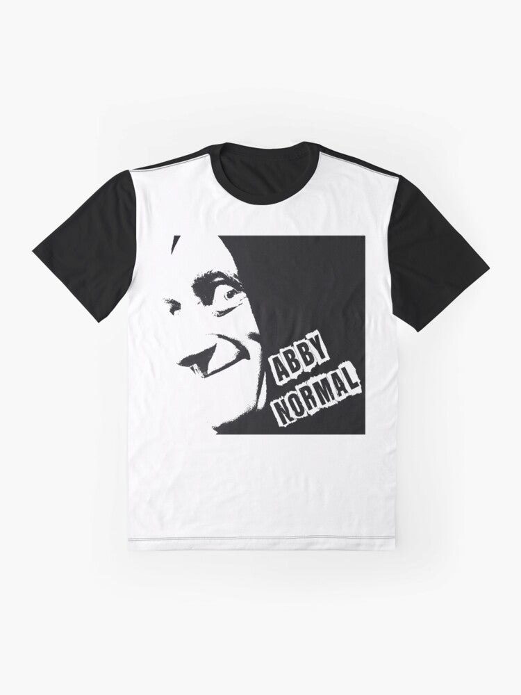 Vintage-style graphic t-shirt featuring the "Abby Normal" quote from the classic comedy film Young Frankenstein - Flat lay