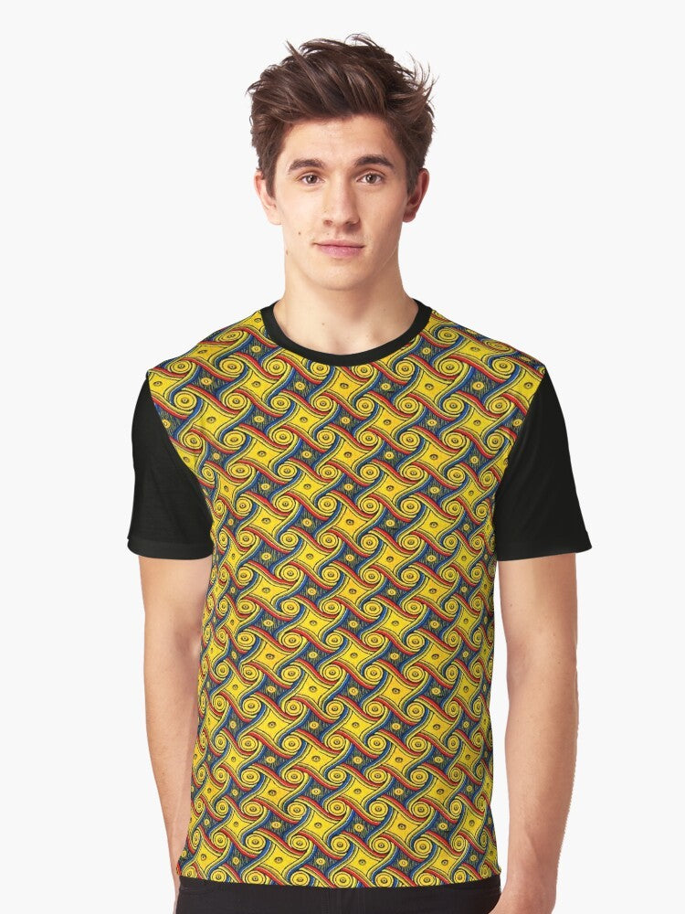 Retro hotel carpet pattern art graphic t-shirt featuring a vibrant, colorful spiral design inspired by the Gally Hotel carpet at LAX. - Men