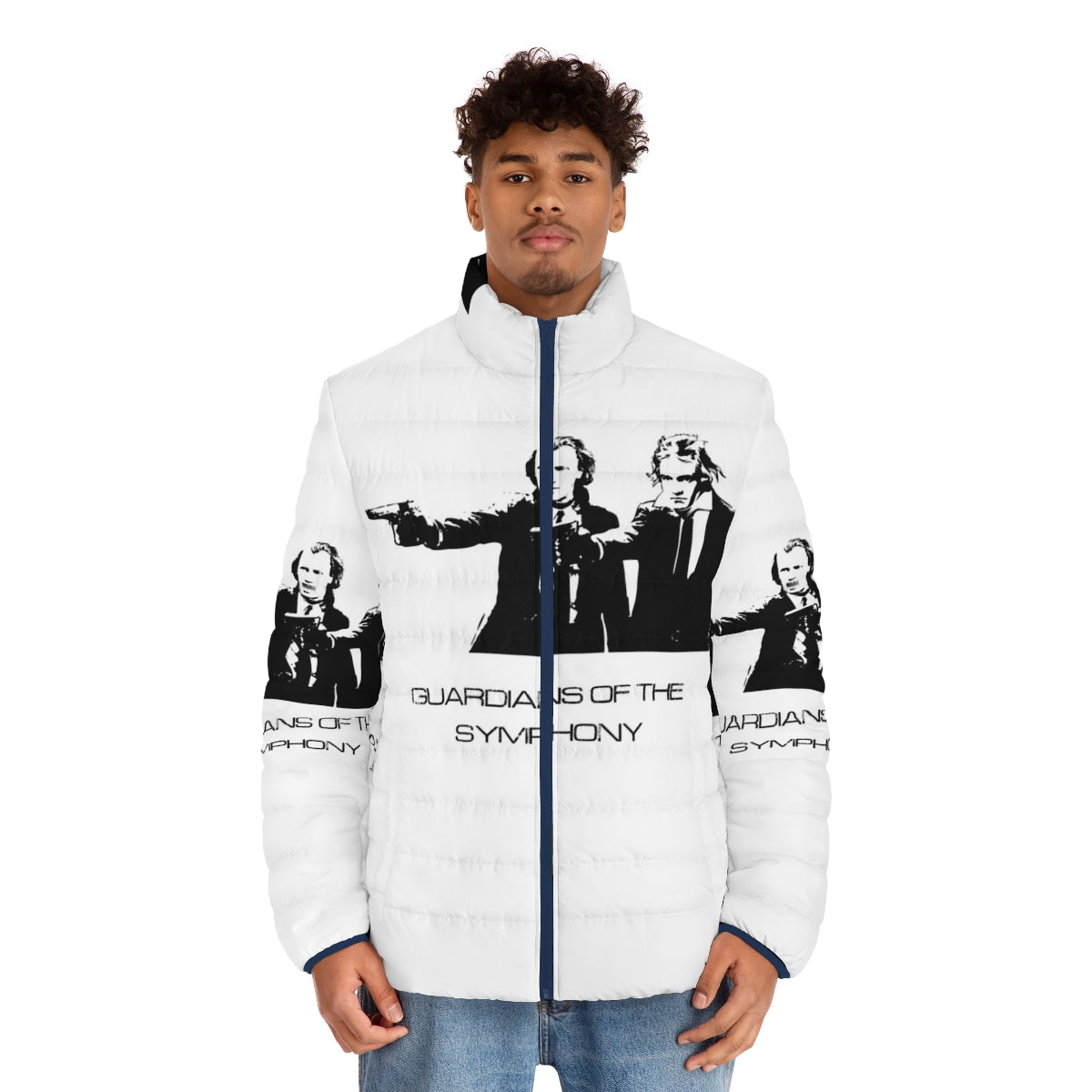 Composers puffer jacket featuring Brahms, Beethoven, and other classical music greats - men front