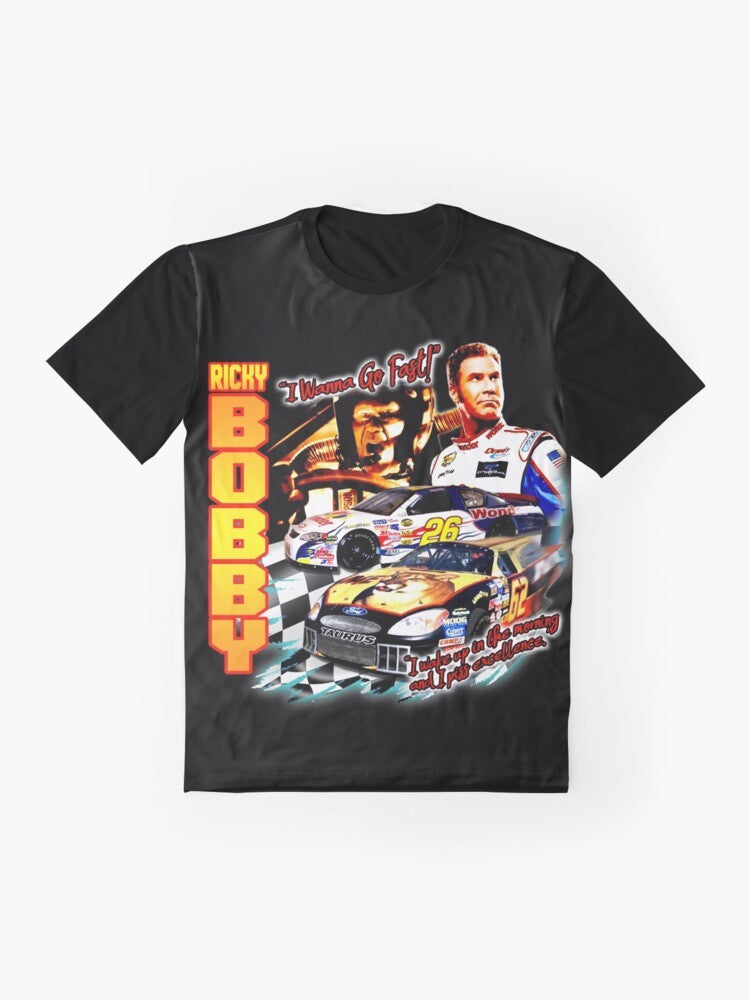 A vintage-style graphic t-shirt featuring the iconic Ricky Bobby from the hit movie Talladega Nights. - Flat lay