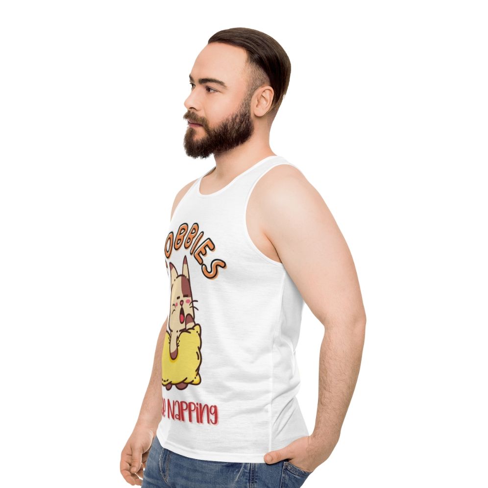 Unisex tank top with "Hobbies Include Napping" design - men side