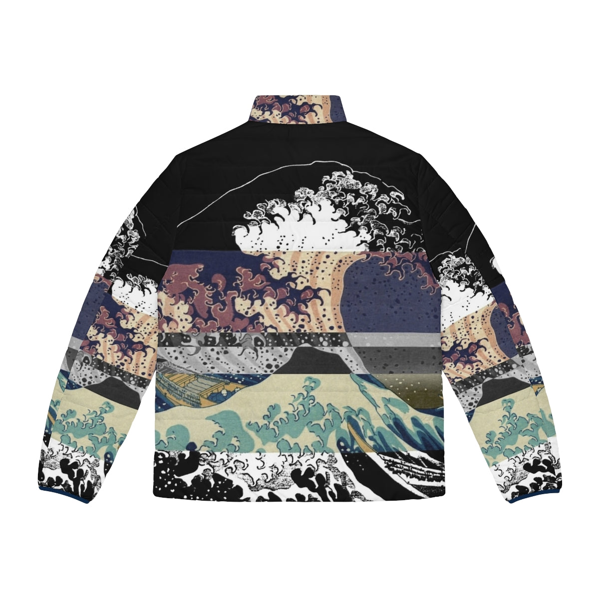 A puffer jacket featuring the iconic "Great Wave off Kanagawa" design with a color glitch effect, inspired by Japanese art and Tumblr aesthetics. - Back