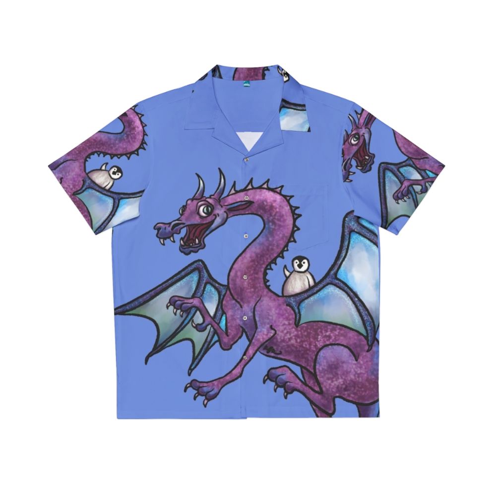 Penguin and dragon fantasy art on a Hawaiian shirt