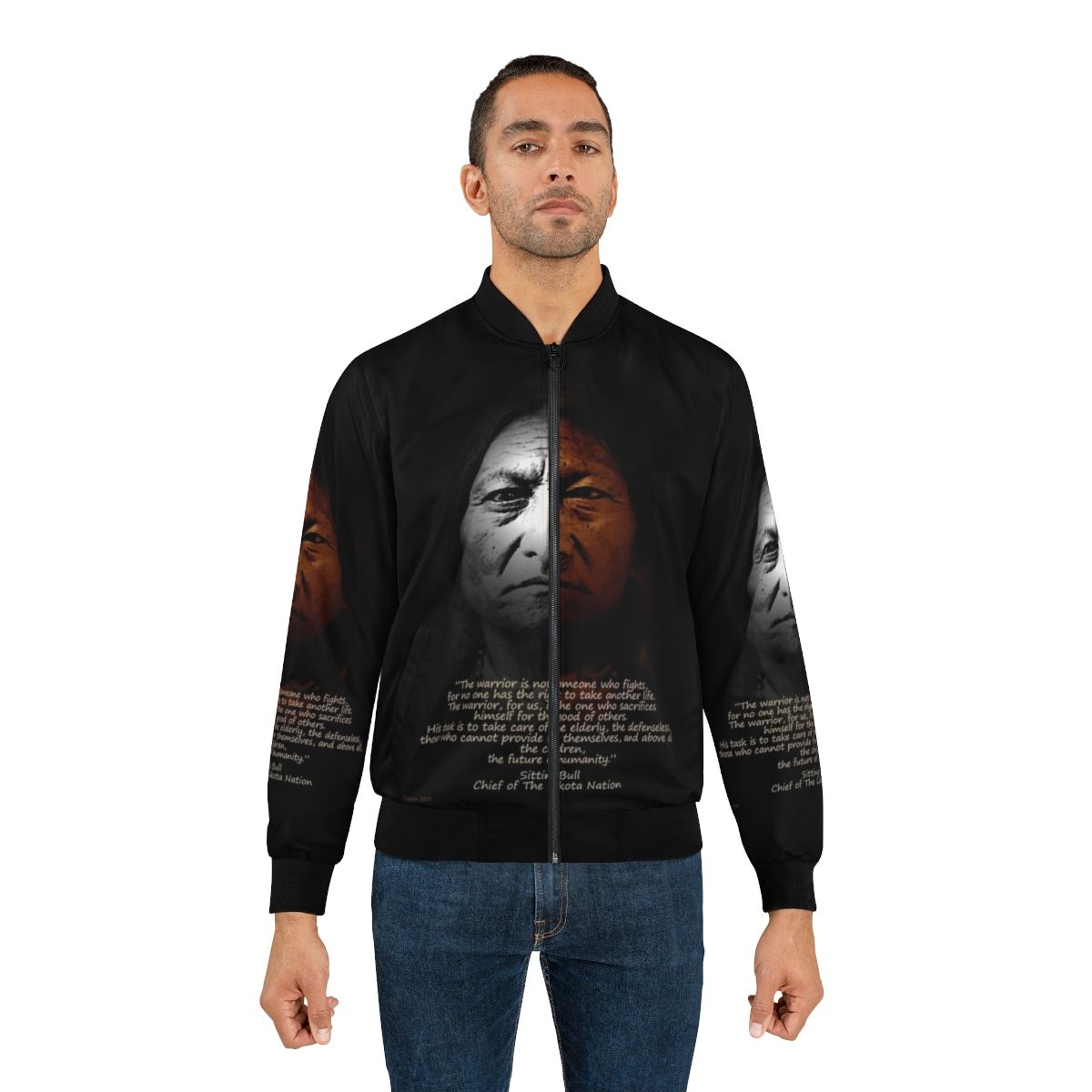 Stylish bomber jacket featuring a Sitting Bull warrior quote, modern Native American wall art design - Lifestyle