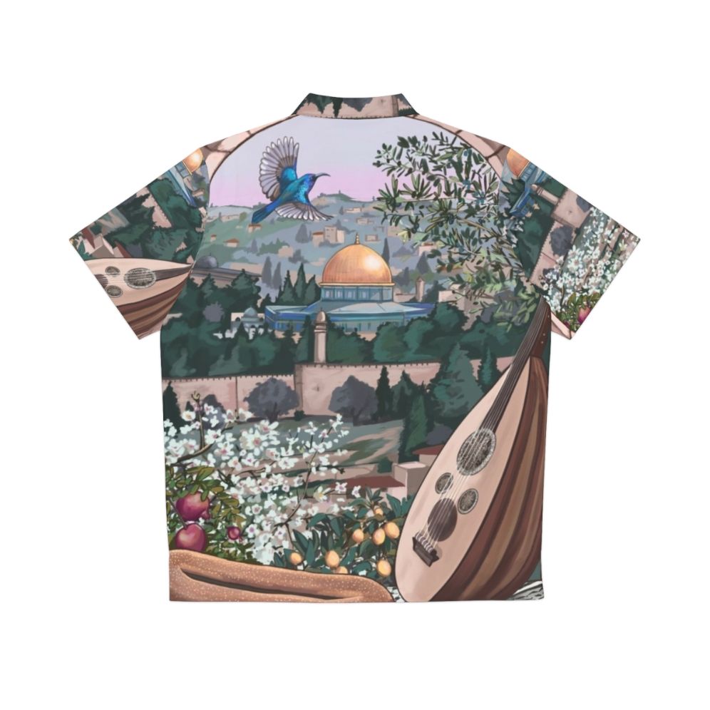 Authentic Arabic-Inspired Hawaiian Shirt with Palm Trees, Olive Trees, and Kuffiyah Pattern - Back