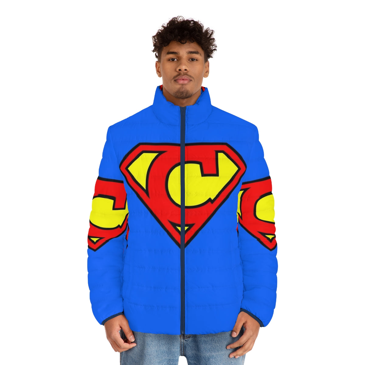 Letter C Super Letter Puffer Jacket with Superhero Design - men front