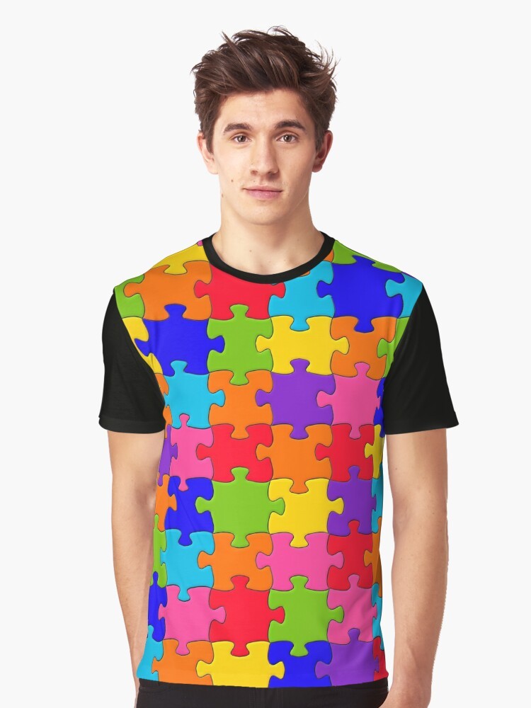 Vibrant jigsaw puzzle graphic t-shirt with a colorful rainbow mosaic pattern - Men