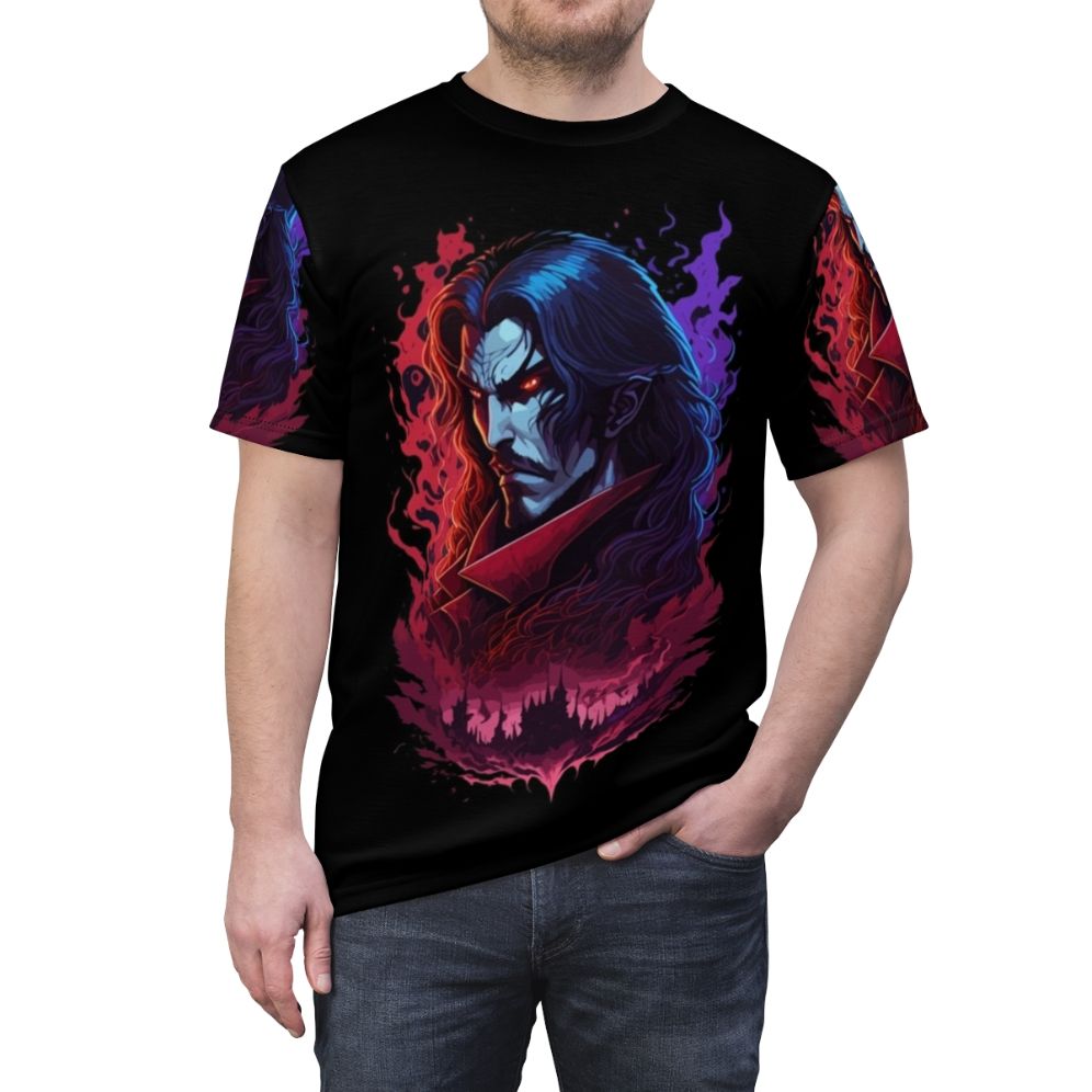 Castlevania-inspired t-shirt featuring Dracula, the iconic antagonist from the Netflix anime series. - men front