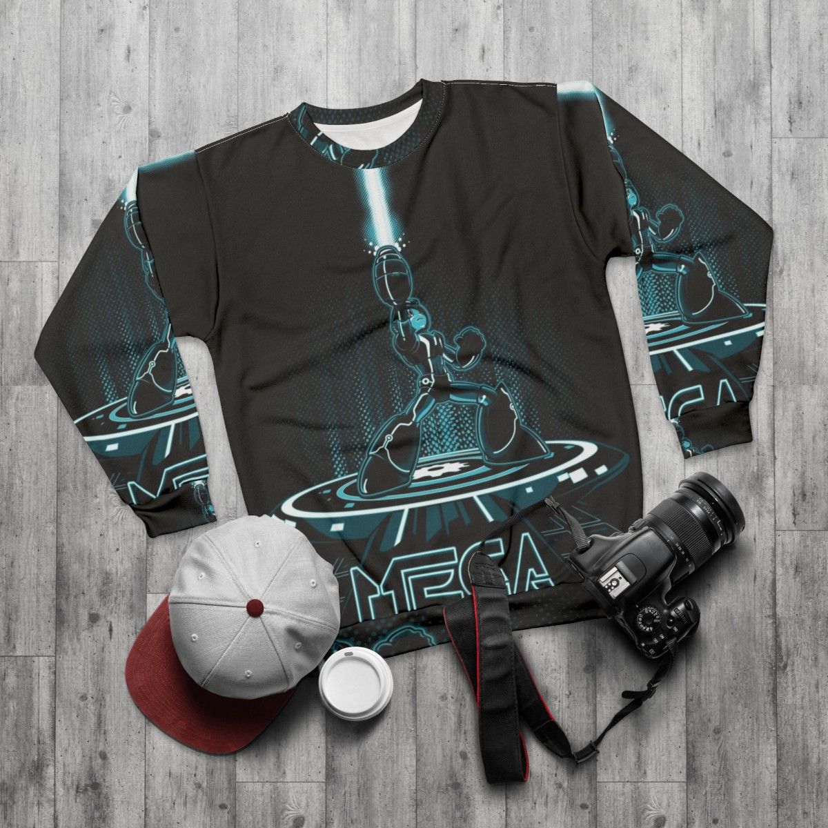 Mega Sweatshirt featuring Mega Man and Tron inspired design - flat lay