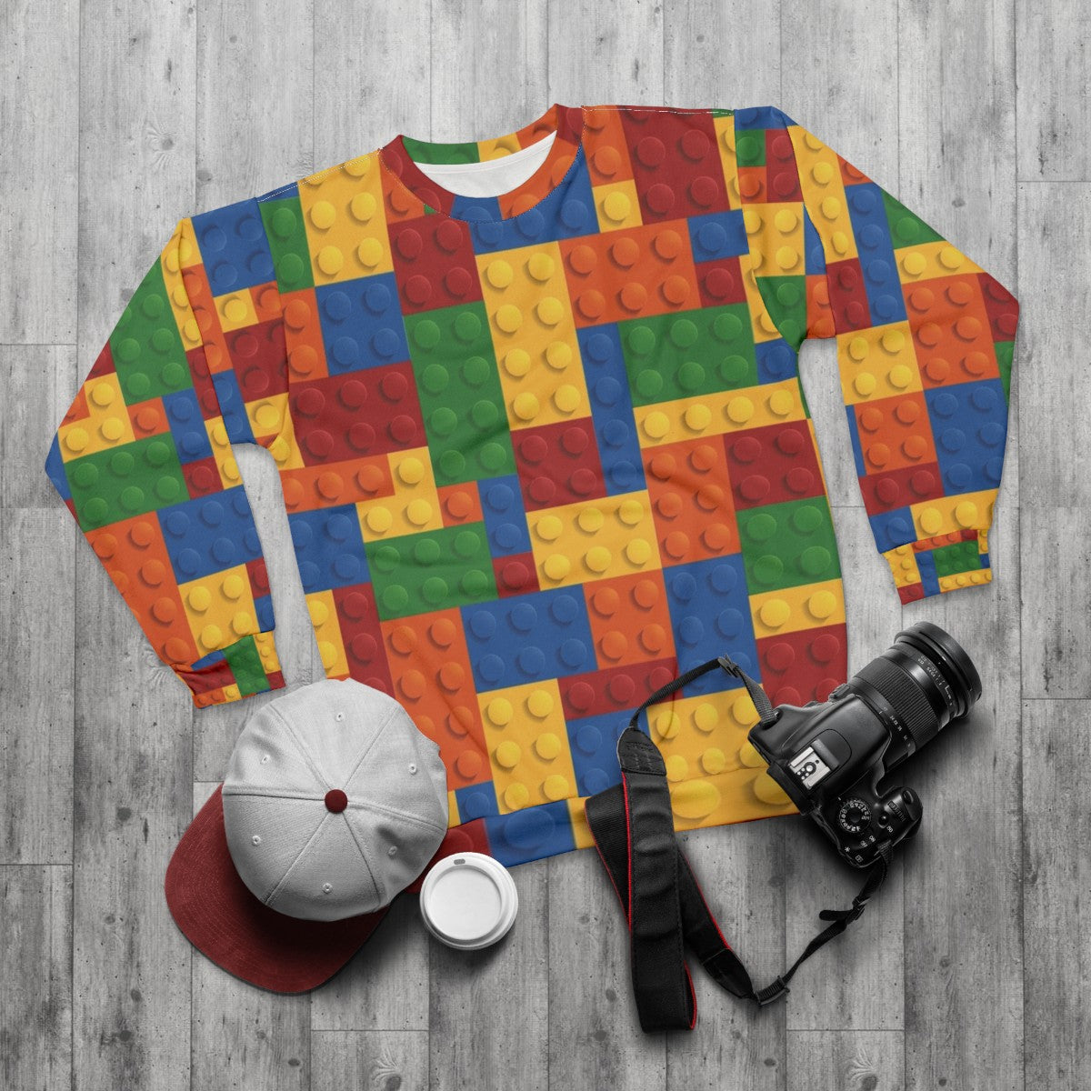 Modeling a block pattern sweatshirt with gaming-inspired design - flat lay