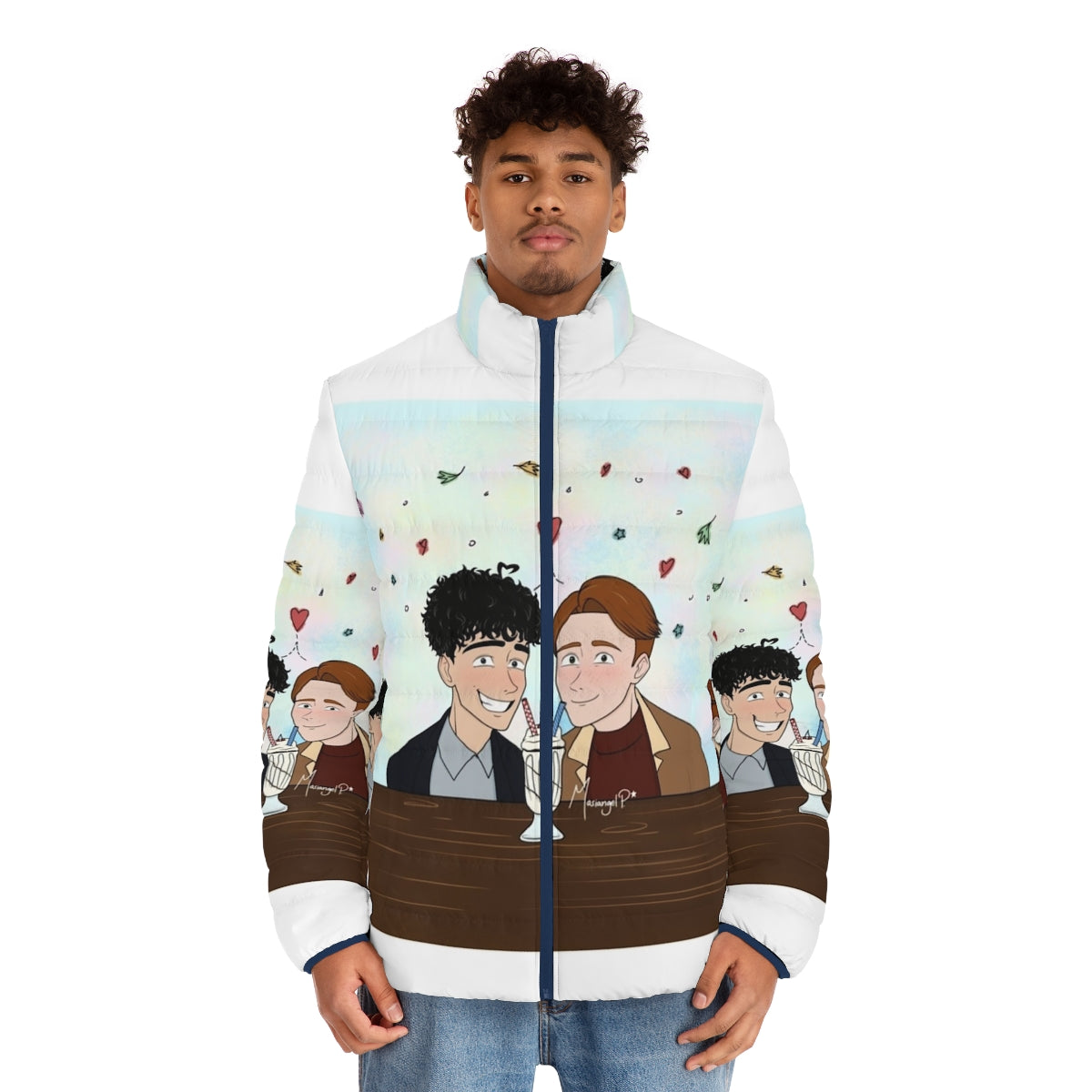 Heartstopper inspired puffer jacket with fan art design - men front